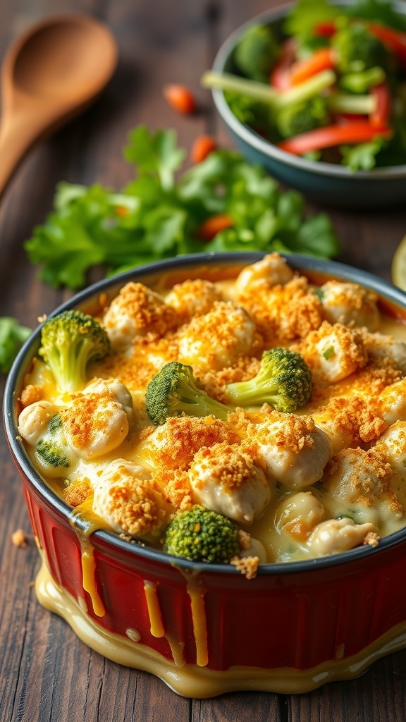 Cheesy chicken and broccoli casserole in a small dish, topped with breadcrumbs, served with a salad.